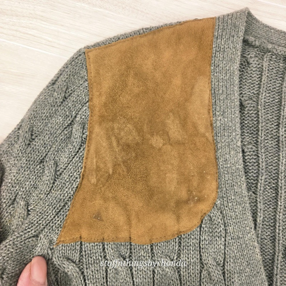 Ralph Lauren Vtg Womens Med Shooting Cardigan Cable Knit Suede Shoulder Patch - Picture 9 of 9